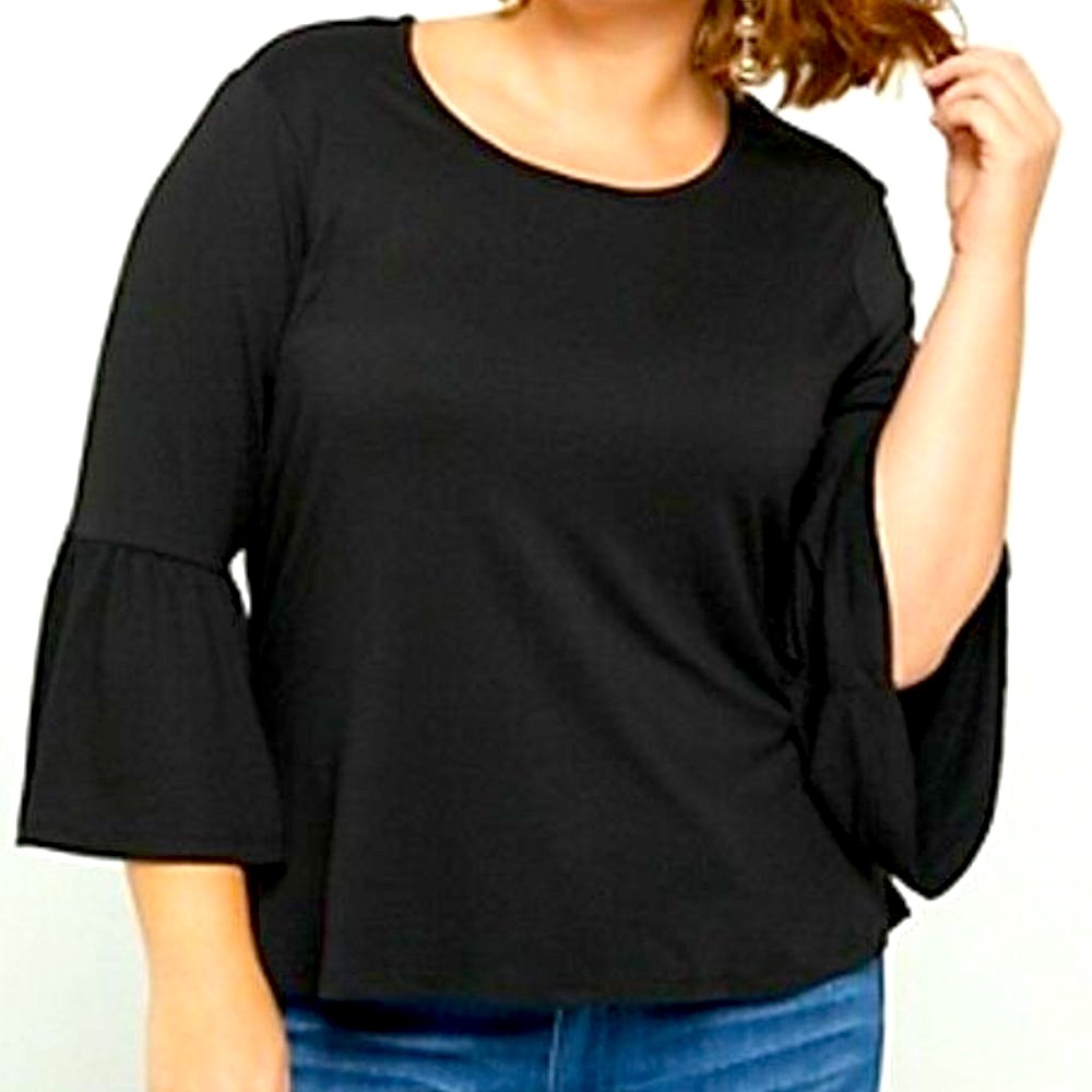 RUE21+ Scoop Neck Peasant Cropped Top 2X Black Uber Soft Bell Sleeve Blouse